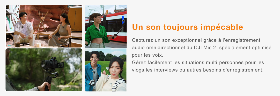 Capturez un son exceptionnel grâce à l'enregistrement audio omnidirectionnel du DJI Mic 2, spécialement optimisé pour les voix. Gérez facilement les situations multi-personnes pour les vlogs, les interviews ou autres besoins d'enregistrement.